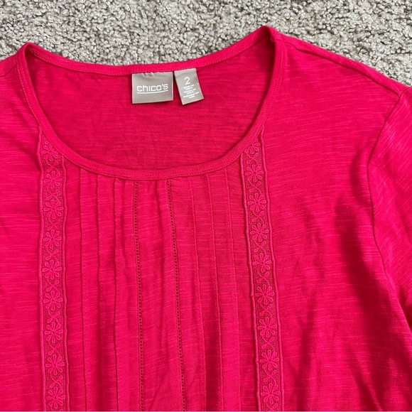 Chico’s Shirt Womens Size 2 Magenta Pleated Lace Top - Picture 7 of 13
